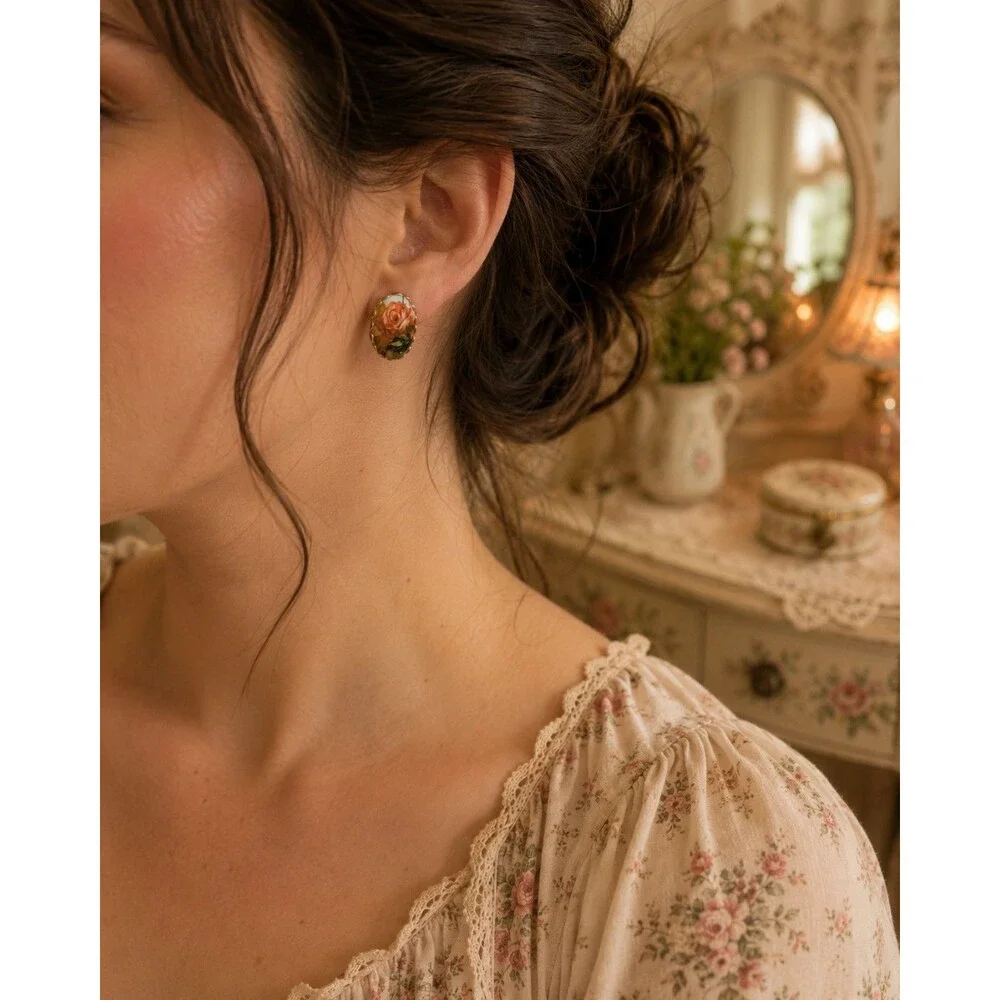 Vintage Pink Rose Floral Oval Clip On Earrings, Cottagecore, Victorian Jewelry